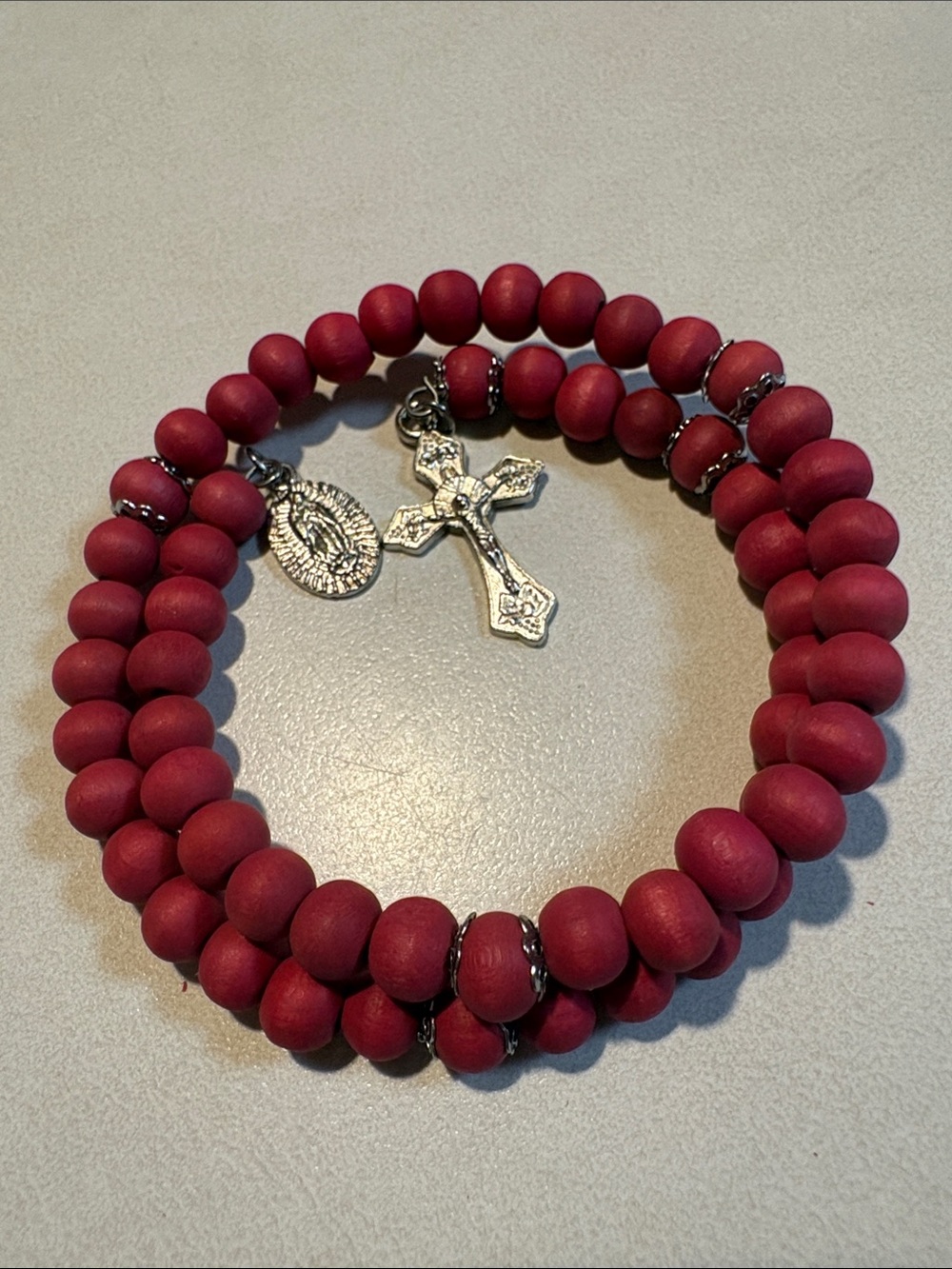 Red Beaded Rosary Bracelet with Silver Cross Charm
